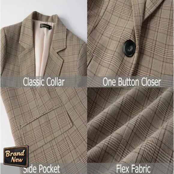 Regular Fit Plaid Blazer, One Button, Notch Collar, Long Sleeve - Picture 3 of 7